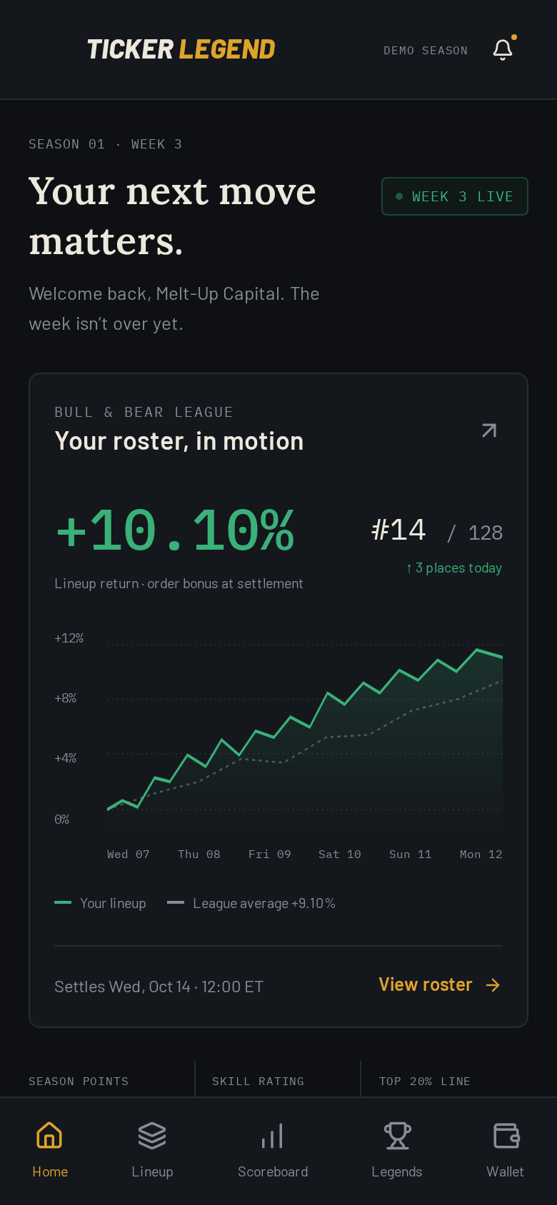 Ticker Legend home screen with live roster return and season points