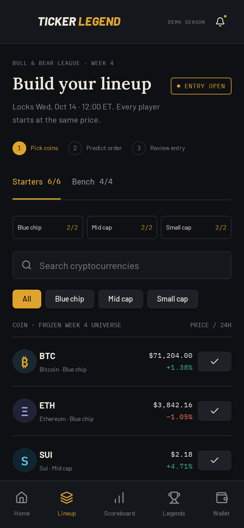 Ticker Legend build your lineup screen with six starters and a four-coin bench