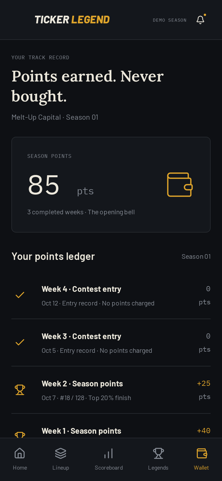 Ticker Legend points wallet ledger